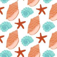 Colorful sea-life pattern featuring shells, starfish, and waves in vibrant styles vector