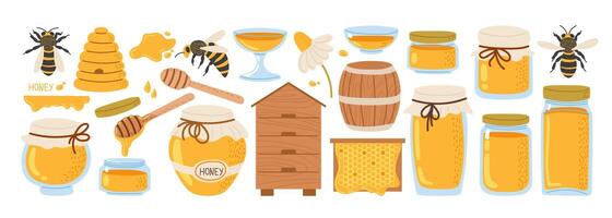Diverse honey products and bees in an illustrated layout showcasing sweetness and nature vector