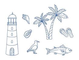 Coastal elements featuring a lighthouse, palm trees, and marine life in a tropical setting vector