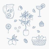 Lemon-themed illustrations featuring drinks, desserts, and fresh fruit in a creative design vector