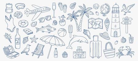 Illustrations of summer vacation items and activities in a beach setting vector