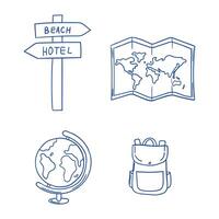 Exploring travel options with directional signs, a map, a globe, and a backpack vector