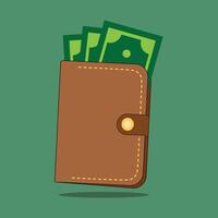 Brown Color Leather Wallet and stack of money illustration with green background vector