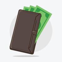 Black Color Leather Wallet and stack of money illustration with green background vector