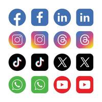 Popular Social Media Icons Set Flat and Rounded Variations, Facebook, LinkedIn, Instagram, Threads, TikTok, X, formerly Twitter, WhatsApp, and YouTube. vector
