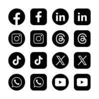 Black and White Popular Social Media Icons Set Flat and Rounded Variations, Facebook, LinkedIn, Instagram, Threads, TikTok, X, formerly Twitter, WhatsApp, and YouTube vector