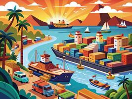 Bustling harbor with ships unloading exotic goods from distant lands Illustration vector