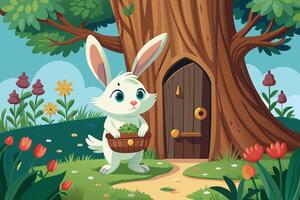 Bunny Discovering Hidden Door in Tree Trunk, Charming Scene of Bunny Finding aSecret Entrance vector