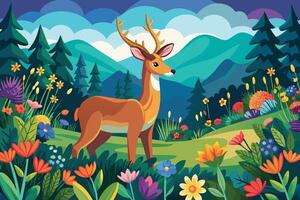 adeer pausing to admire afield of colorful wildflowers illustration vector