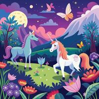apeaceful meadow with grazing unicorns and shimmering butterflies Illustration vector