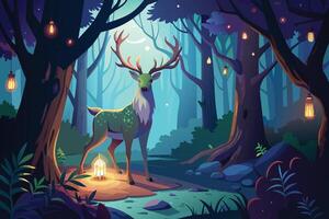 adeer with amagical glowing lantern in adark forest vector