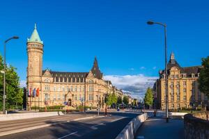 Scenery of Clock tower and Adolphe bridge located in Luxembourg city photo