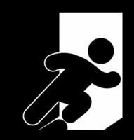 Black and white emergency exit icon featuring a running man silhouette. Simple minimalistic pictogram symbolizing evacuation, escape route, fire exit, or emergency safety sign illustration. vector