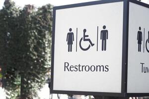 Sign directing visitors to restrooms in a public location photo
