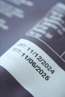 Expiration dates on product label visible on a gray background photo