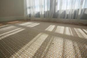 Sunlight creates intricate patterns on a woven rug in a bright room photo