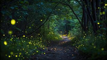 A glowing candle surrounded by leaves, creating a warm, enchanting atmosphere with floating particles of light in a serene outdoor setting. photo