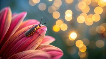 A serene dusk landscape with glowing fireflies in a green meadow under a starry sky, creating a magical ambiance. photo