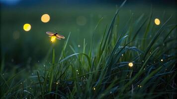 A serene night scene featuring a glowing light hanging from a tree branch amidst a dark forest, highlighting natural beauty and tranquility. photo