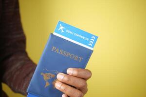 Holding a passport and boarding pass in preparation for travel photo