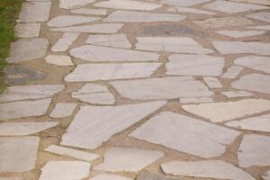 Natural stone pathway leads through lush greenery in a serene setting photo