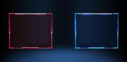 Futuristic digital interface design with glowing red and blue frames on a dark background. vector