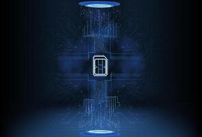 Digital circuit design showcasing a microchip in a futuristic environment with glowing elements vector
