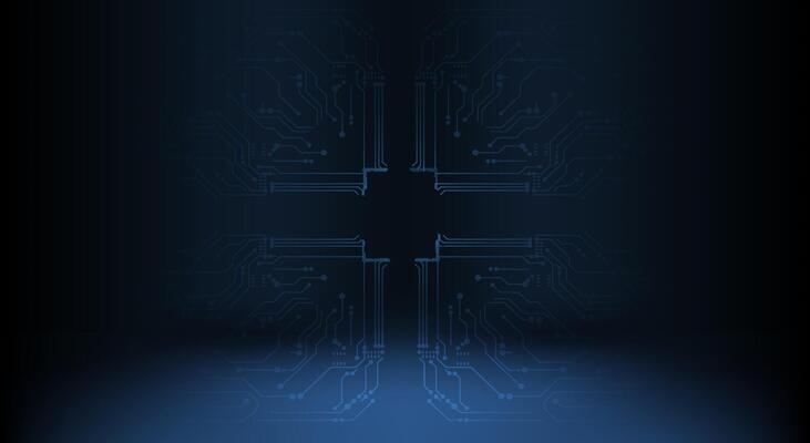 Modern circuit design illuminated by blue light in a dark environment showcasing technology and innovation