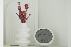 Decorative vase with dried flowers next to a temperature clock photo