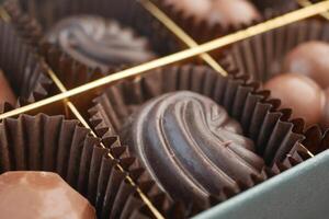Decadent assortment of handcrafted chocolates in elegant box photo