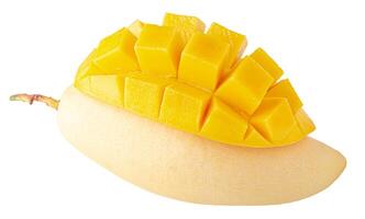 Mango fruit with mango cubes and slices Isolated on a white background photo