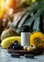A bottle of vitamins and pills on a table with a banana and flowers photo
