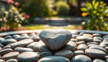 heart shaped stone rests peacefully on smooth pebbles, surrounded by serene garden bathed in warm sunlight. photo