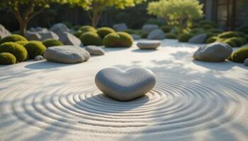 heart shaped stone rests peacefully serene Zen garden, surrounded by raked sand and lush greenery, evoking love photo