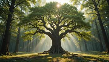majestic tree with sprawling branches stands in sunlit forest, surrounded by lush greenery and soft light rays. photo