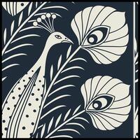 a black and white pattern with a peacock and leaves vector