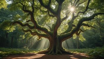 Majestic ancient tree with sprawling moss covered branches, illuminated by sunbeams in serene forest setting. photo