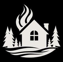 A house with a fire and trees on a black background vector