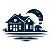 A house and a seagull on the water at night vector