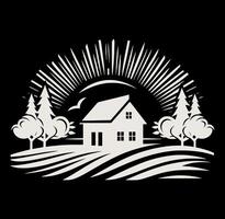A house and trees in the field with the sun in the background vector