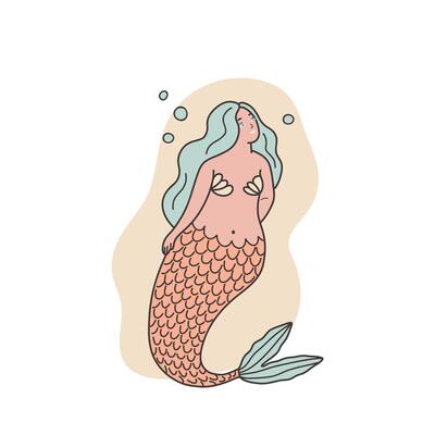 Mermaid with flowing hair gracefully swims underwater, Flat illustration isolated on white background.