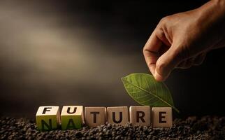 Environmental Concept. Green Energy, Renewable and Sustainable Resources. Placing a Green Leaf on Wooden Cube turing from Future to Nature photo