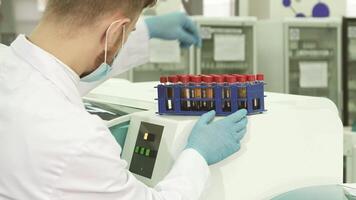 dedicada laboratório técnico meticulosamente inspeciona teste tubos antes centrífuga Carregando video