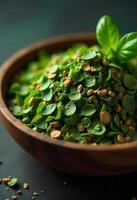 A wooden bowl filled with fresh green leaves and small brown seeds, basil leaves on top, dark background photo