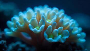 A close-up shot of a branching hammer coral with its tentacles extended, showcasing their bulbous tips and vibrant colors, in a dark environment photo