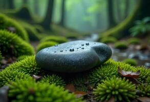 A smooth rock with water droplets on top, resting on vibrant green moss, with a blurred forest background photo