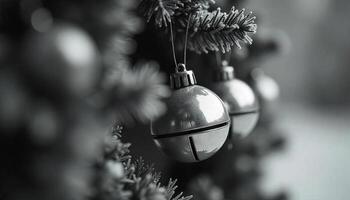 A silver jingle bell hanging from a Christmas tree branch, another bell out of focus in the background photo
