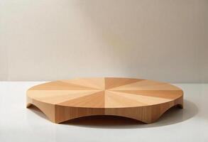 A wooden round table with a geometric pattern on top, light brown color, simple design, against a plain white background photo