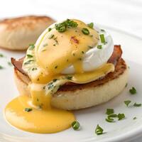 A perfectly poached egg sitting atop a buttered muffin, covered in velvety hollandaise. isolated on a white background photo