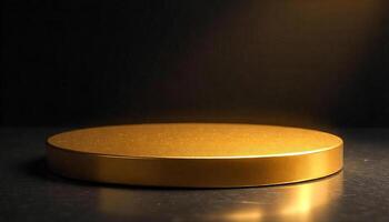 A golden round platform with a black background, product photography, studio lighting, clean and minimalist design, high-resolution rendering, elegant presentation, luxury feel, modern aesthetic photo